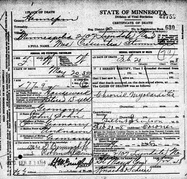 Certificate of Death for Crescence Stimmler.