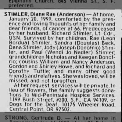 Obituary of Diane Anderson Stimler