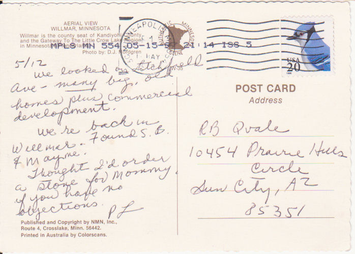Postcard from Diane Stimler to R.B. Qvale, May 15, 1997