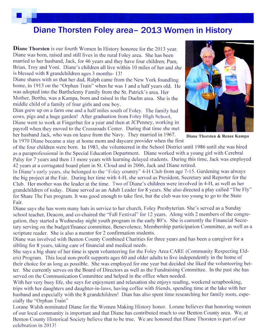 Diane Thorsten, Foley Area - 2013 Women in History
