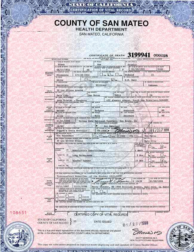 Certificate of Death for Diane Stimler.