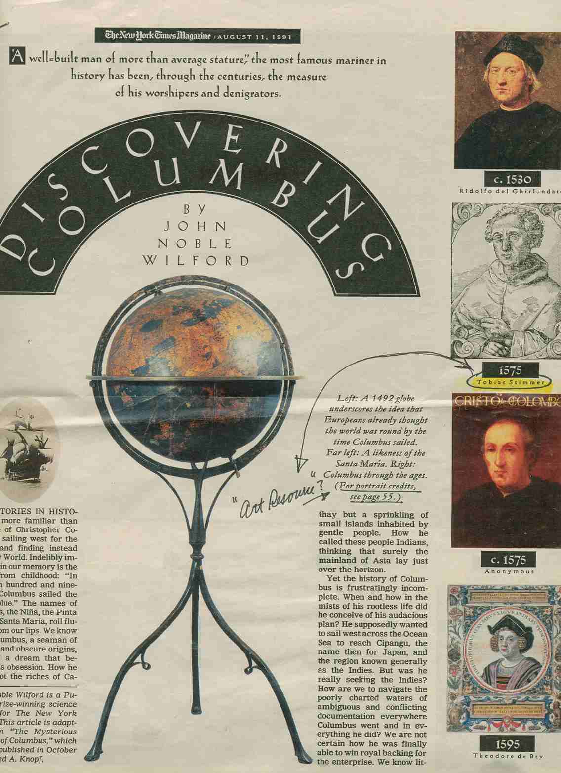 Discovering Columbus by John Noble Wilford, The New York Times Magazine, August 11, 1991.