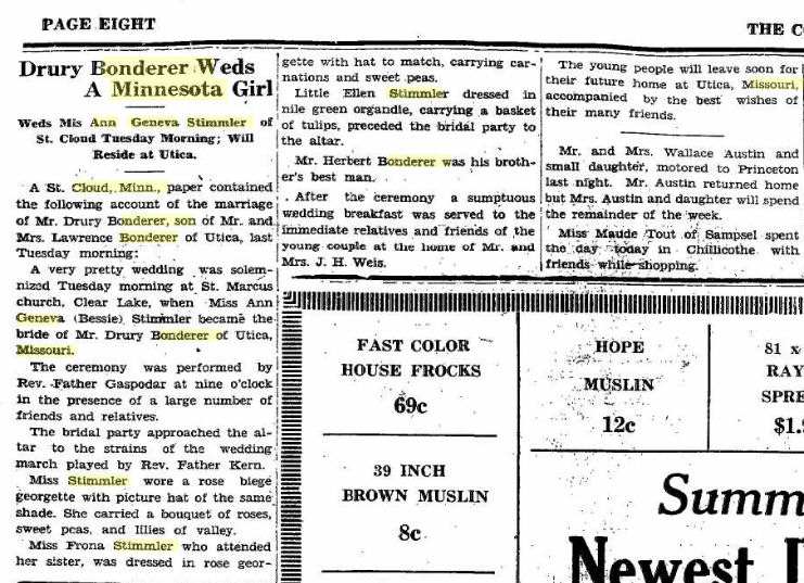 Drury Bonderer Weds A Minnesota Girl, The Constitution Tribune, Chillicothe, MO, May 9, 1929