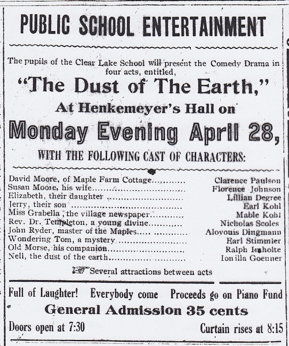 The Dust of The Earth, at Henkemeyer's Hall on Monday Evening April 28, 1919 with family members among the cast of characters