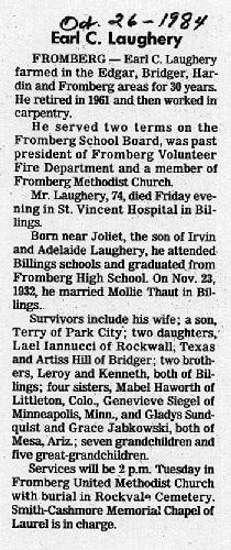 Obituary of Earl C. Laughery, October 26, 1984, Billings, Montana