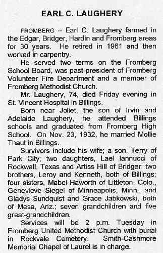 Obituary of Earl C. Laughery, October 26, 1984, Billings, Montana
