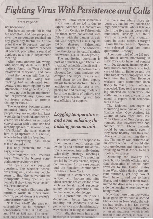 With Persistence and Phone Calls, Defending Against Ebola, The New York Times, Nov. 12, 2014, page A23