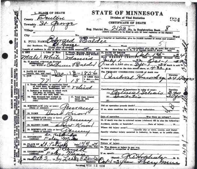 Certificate of Death for Certificate of Death for Edward Balder.