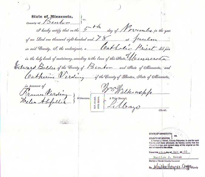 Marriage Certificate for Edward and Catherine Balder (n&eacute;e Voerding).
