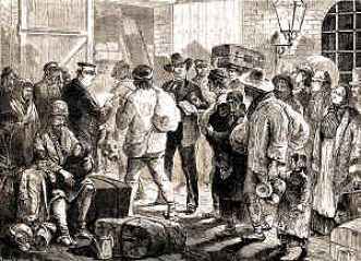 Auswanderer warten auf ihre Einschiffung (um 1890).