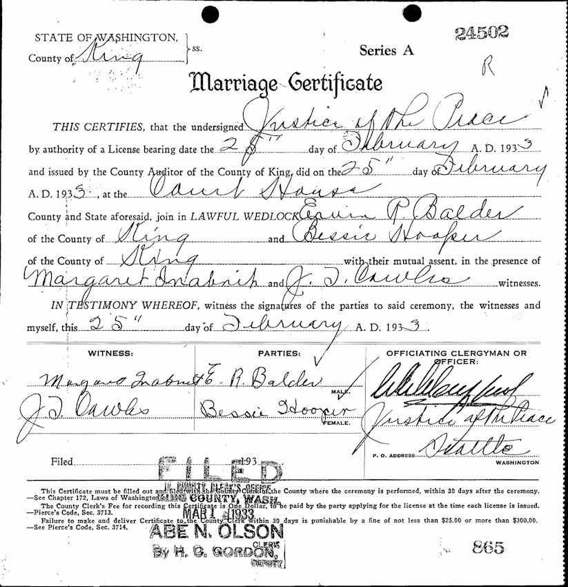 Ervin R. Balder and Bessie Hooper Marriage Certificate, King County, Washington, Feb. 25, 1933
