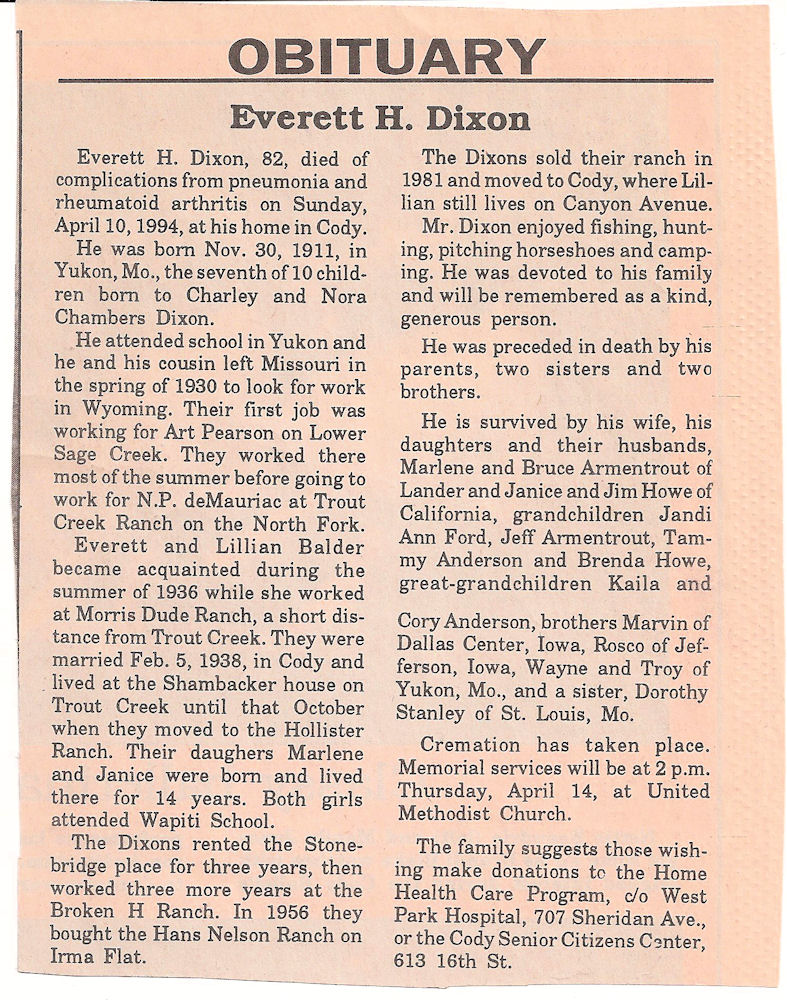 Obituary of Everett H. Dixon, The Cody Enterprise, Apr. 14, 1994