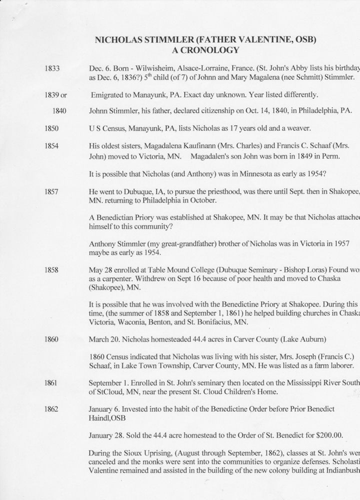 Bob Mullally's Chronology of Father Valentine, page 1