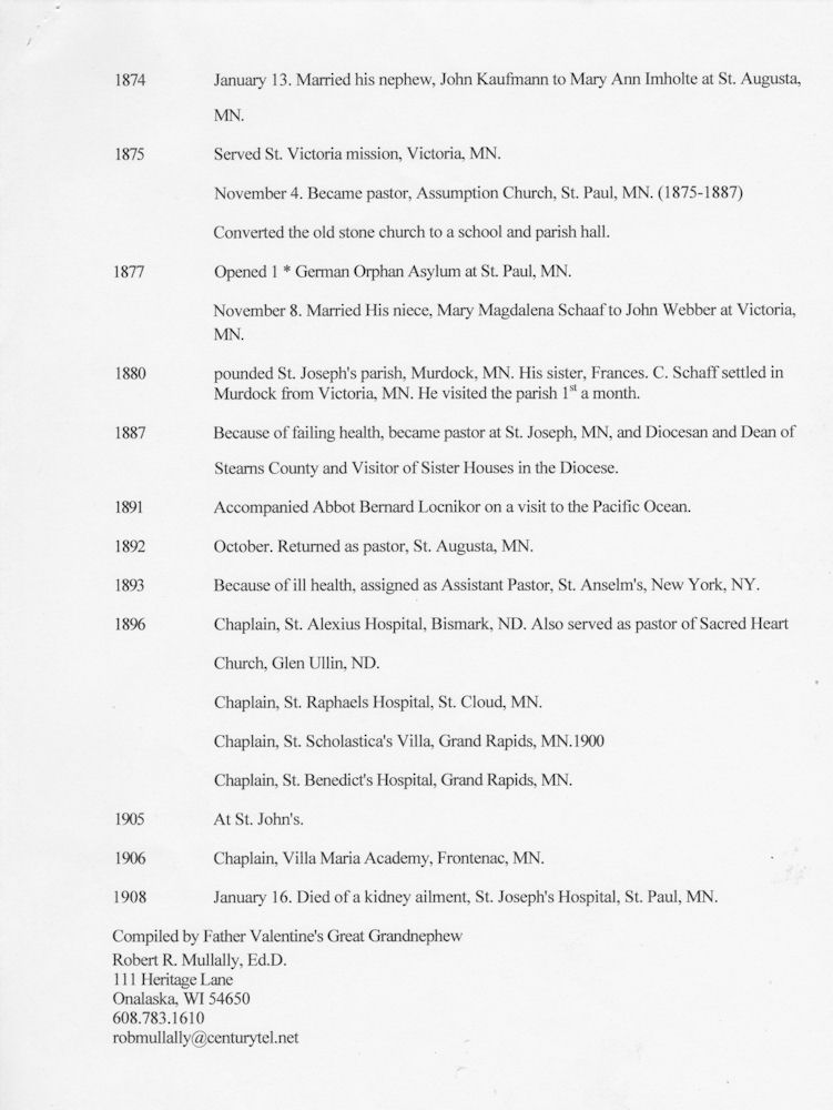 Bob Mullally's Chronology of Father Valentine, page 3