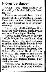Obituary of Florence Sauer, St. Cloud Times, Feb. 8, 1986.