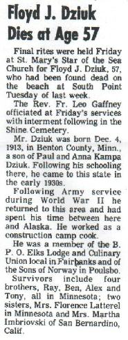 Floyd J. Dziuk Dies at Age 57, Port Townsend Leader, Feb. 25, 1971.