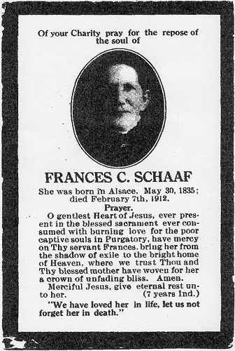 Frances C. Schaaf (née Stimmler) Prayer Card.