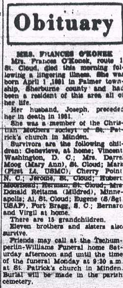 'Obituary of Mrs. Frances Okonek.'