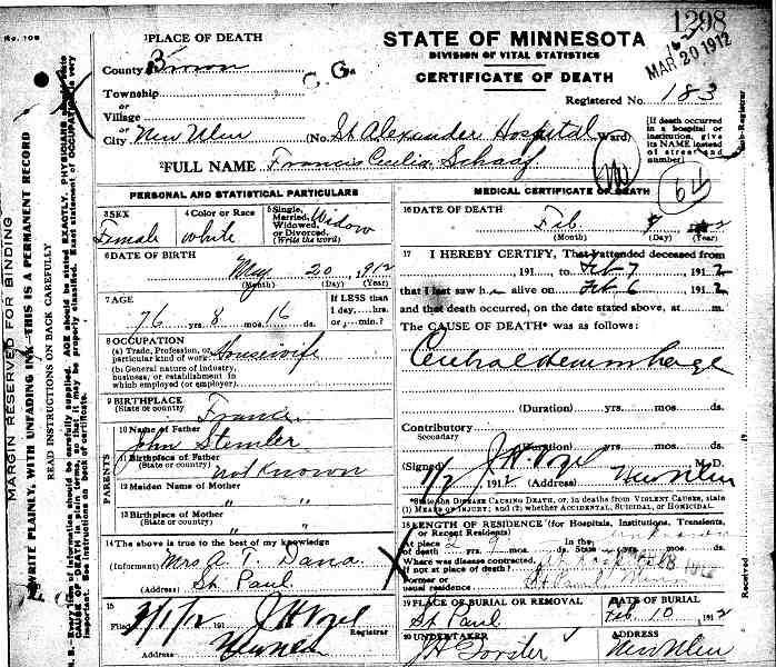 Certificate of Death for Frances Cecelia Schaaf.