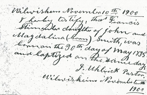 Francis Stimmler Birth Testimony by J. Ulbrick, Pastor, Wilwisheim, November 10, 1905.