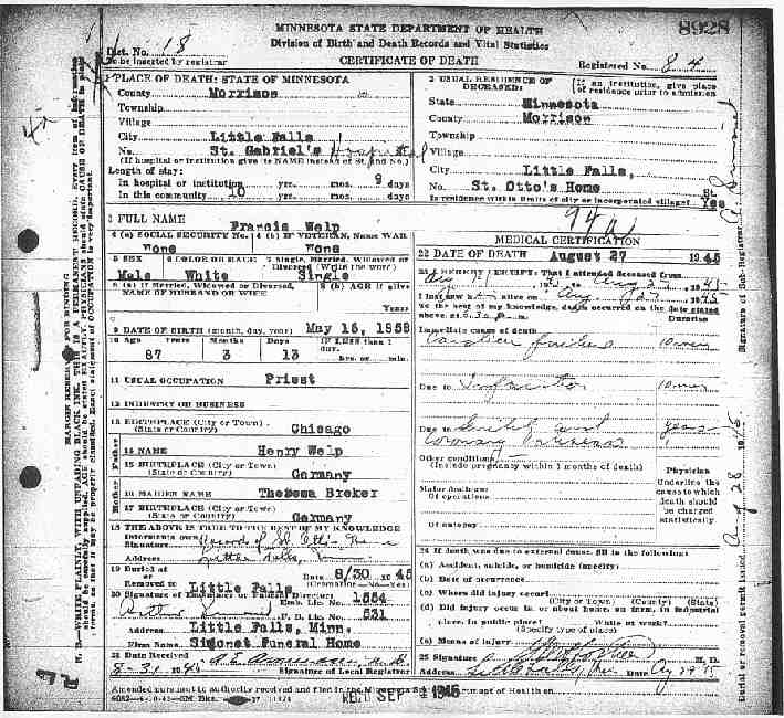 Certificate of Death for Francis Welp.