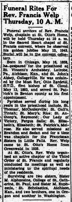 'Funeral Rites For Rev. Francis Welp Thursday, 10 A.M.'