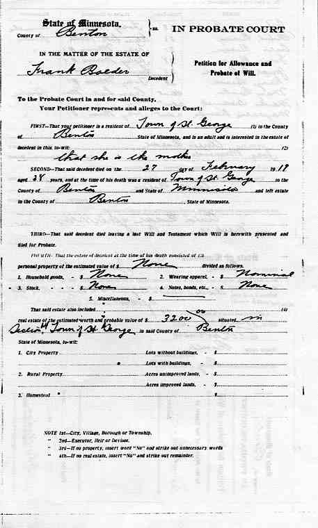 Probate Record for Estate of Frank Balder, page 1.