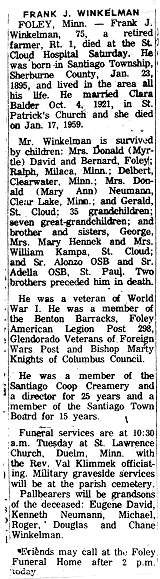 Obituary of Frank J. Winkelman, St. Cloud Daily Times, Sept. 14, 1970.