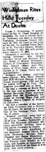 Obituary of Frank J. Winkelman, Benton County News, Sept. 16, 1970.