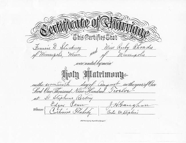 Certificate of Marriage for Frank and Ruby Stickney (n&eacute;e Rhoades).