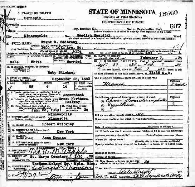 Certificate of Death for Frank D. Stickney.