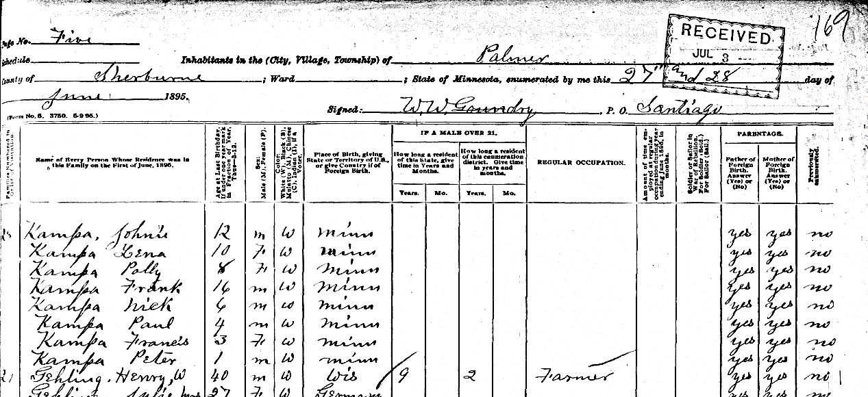 Franz Kampa family in the 1895 Minnesota state census