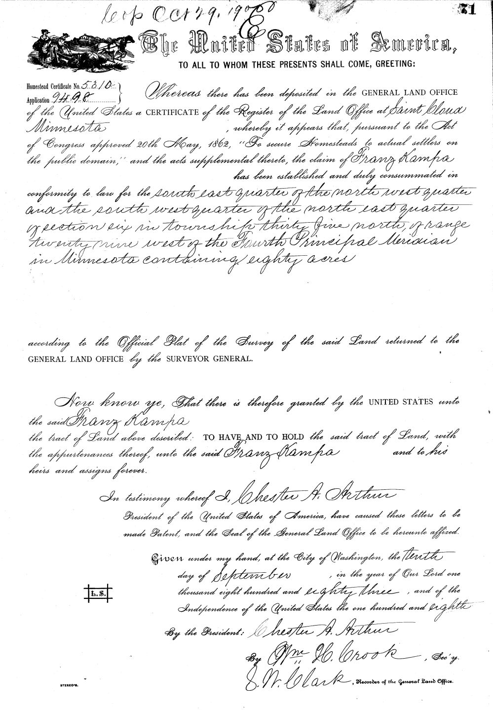 Franz Kampa's homestead record