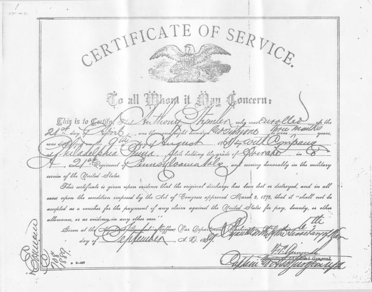 Certificate of Military Service of Anthony Stimmler, given Sept. 6, 1889
