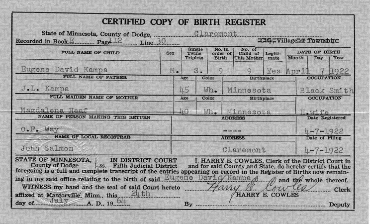 Certified Copy of Birth Register for of Eugene David Kampa, dated April 7, 1922.