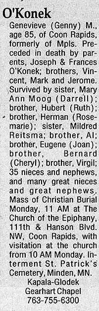 Obituary of Genevieve Marie O'Konek.