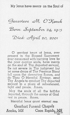 Genevieve O'Konek Prayer Card.