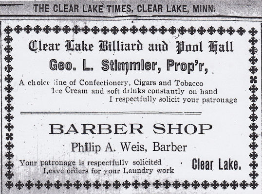 Advertisement for George Stimmler's Clear Lake Billiard and Pool Hall, The Clear Lake Times, 7 Aug 1919, p. 4, col 3