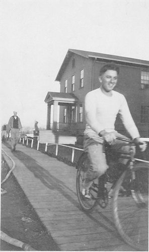 George Kampa on his bike at his barracks on Mare Island, CA in January 1925
