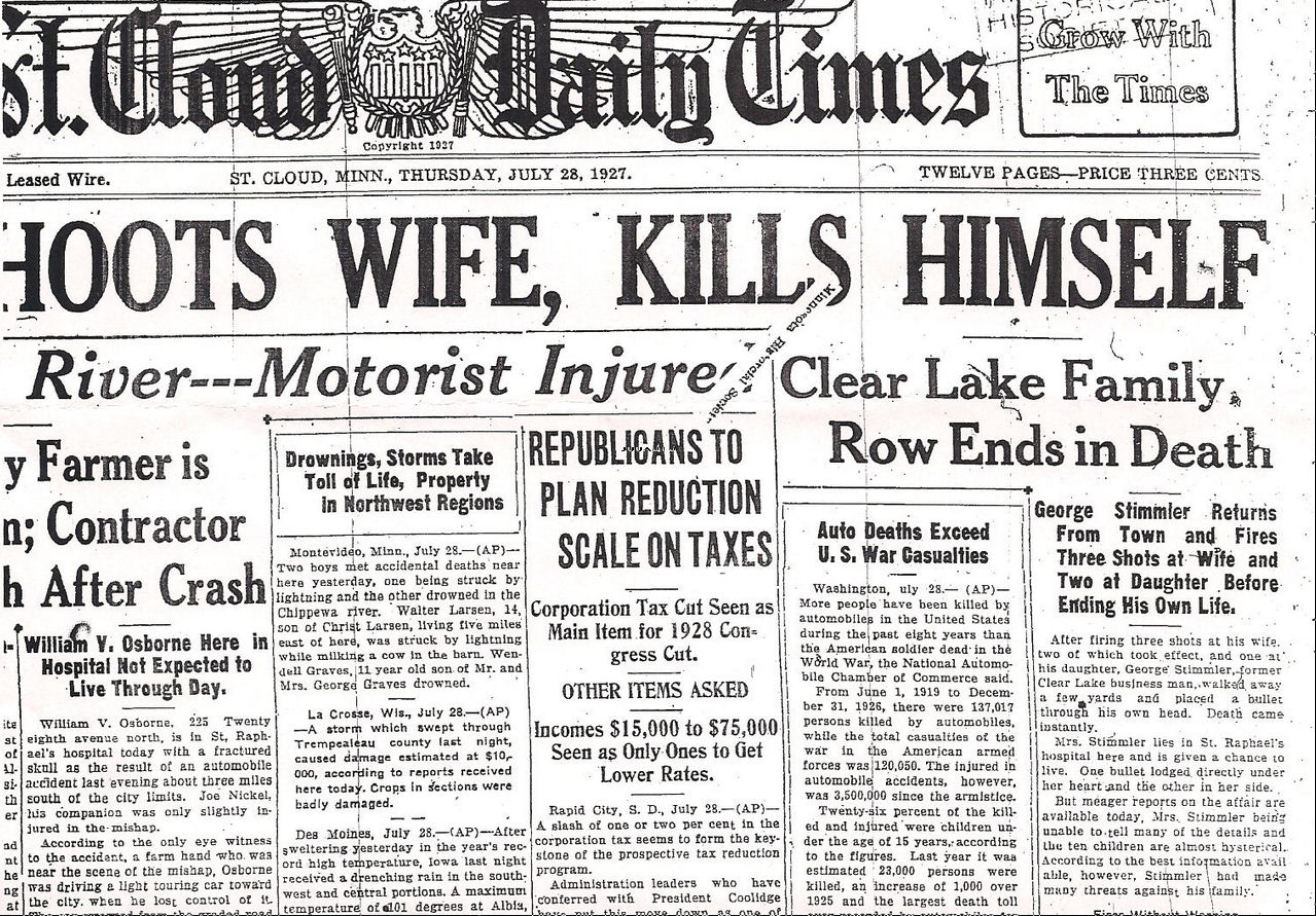 Shoots Wife, Kills Himself: Clear Lake Family Row Ends in Death, St. Cloud Daily Times, July 28, 1927, top of front page