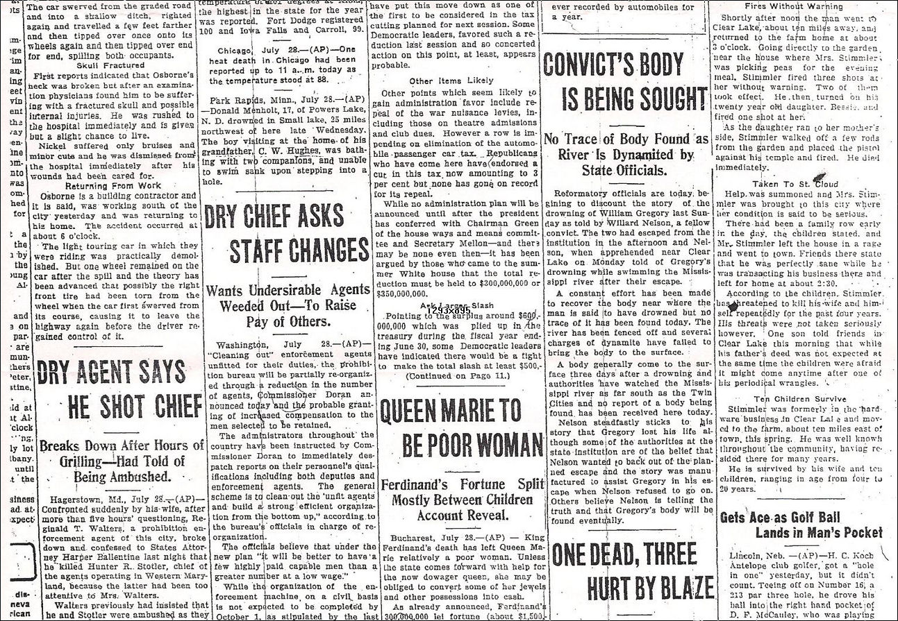 Shoots Wife, Kills Himself: Clear Lake Family Row Ends in Death, St. Cloud Daily Times, July 28, 1927, bottom of front page