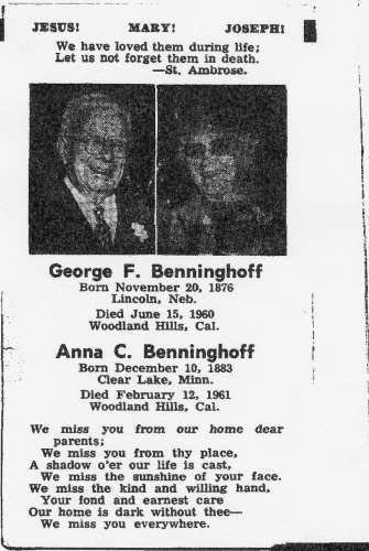 George F. and Anna C. Benninghoff Prayer Card.
