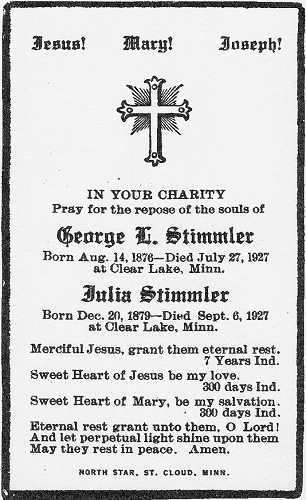 George L. and Julia Stimmler Prayer Card.