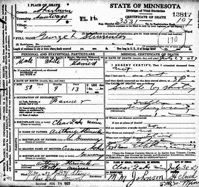 Certificate of Death for George Stimmler.