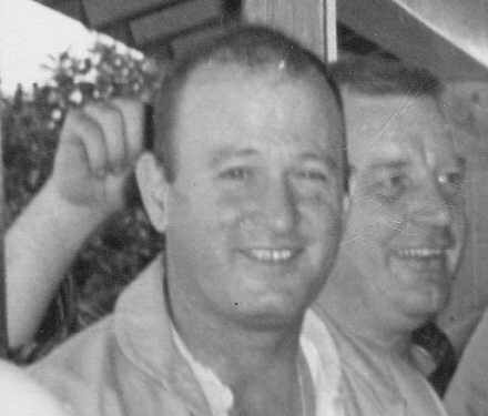 Close-up of unknown man and Dick Stimler at Last Navy Work Party and Luncheon, Gibson Horse Shoe Duck Club, Jan. 17, 1970
