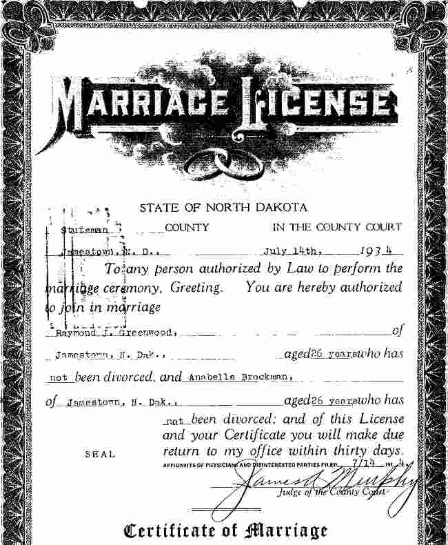 License and Certificate of Marriage for Raymond J. and Anabelle Greenwood (n&eacute;e Brockman).