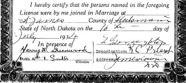 License and Certificate of Marriage for Raymond J. and Anabelle Greenwood (n&eacute;e Brockman).