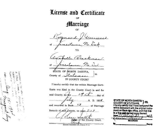 License and Certificate of Marriage for Raymond J. and Anabelle Greenwood (n&eacute;e Brockman).