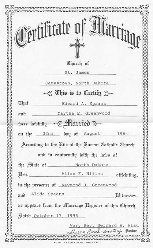 Certificate of Marriage for Edward A. and Martha E. Spaans (n&eacute;e Greenwood).