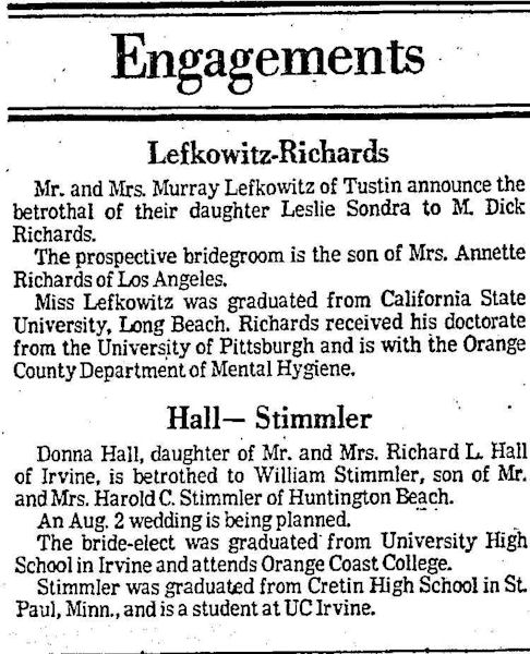 Hall-Stimmler Engagement, LA Times, Jan. 16, 1975